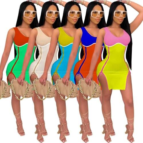 Adogirl Women Stitching Color Side Zipper Slits Mini Dress Sexy Sleeveless Evening Party Club Outfits Bodycon Dresses Plus Size