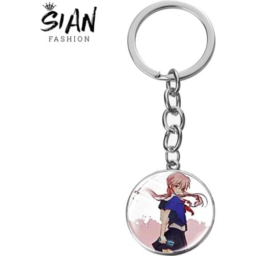 SIAN Fashion Mirai Nikki Series Anime Keychain Future Diary Gasai Yuno Amano Yukiteru Cute Cartoon Figure Glass Cabochon Keyring