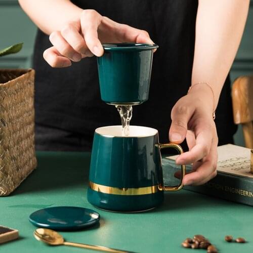 Ceramic Cup Tea Set Coffee Cup with Lid Spoon Saucer Tea Strainer Tea Mug China Golden Drinking Cups