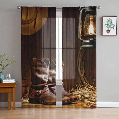 Western Cowboy Boots Wood Window Treatment Tulle Modern Sheer Curtains for Kitchen Living Room the Bedroom Curtains Decoration