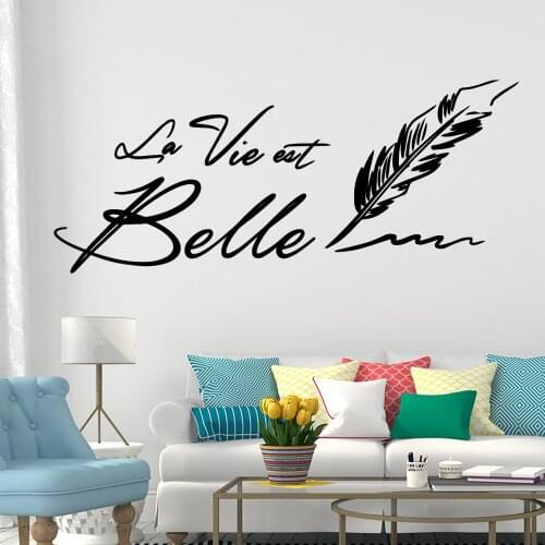 Wall Stickers La Vie Est Belle French Quotes Decals Feather Poster Removable Vinyl Bedroom Livingroom Decoration Mural RU2377