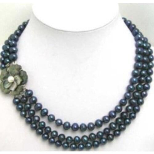 New 3 Row 6-7mm Black pearl Necklace Flwoer Clasp