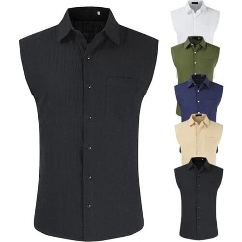 Solid color Men Shirt Summer Basic Sleeveless Shirts for men Turn Down Collar Shirts Men Tops chemise homme camisas para hombre