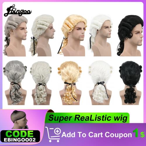 Ebingoo Grey Black White Lawyer Judge Baroque Curly Male Costume Wigs Deluxe Historical Long Synthetic Cosplay Wig for Halloween
