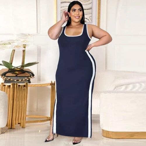 S-4XL Color Block Patchwork Plus Size Dress for Women Low Neck Sleeveless Long Party Dress Summer Side High Split Skinny Dress