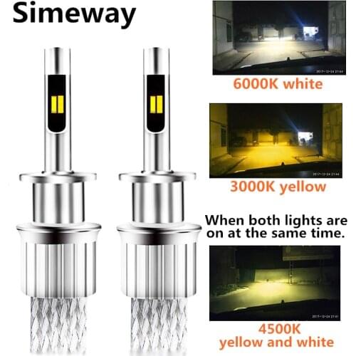 2PCS Auto Tricolor LED lights H1 H4 H7 H11 D1S D2S headlamp 90W 9600LM H3 H9 880/1 9006 Dual color car Fog Lamp White Yellow 12V