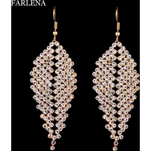 FARLENA Jewelry Bridal Drop Earrings Inlay with Clear Rhinestones Fashion Geometric Crystal long Earrings for Women Wedding