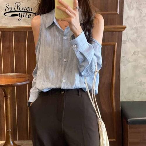 White Tops Single Breasted Blouses Women Long Sleeve Woman Shirts Korean Style Off-Shoulder Tops Autumn Fashion Blusas 10959