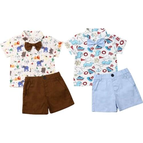 0-5Y Summer Gentleman Kids Baby Boys Clothes Sets Cartoon Animal Print Tie Tops T-shirt Pants Shorts Outfits Set