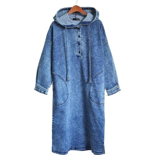 Vintage Women Denim Dress 2019 Autumn New Loose Robe Hooded Casual Pockets Bandage Jeans DressesPlus Size HC080