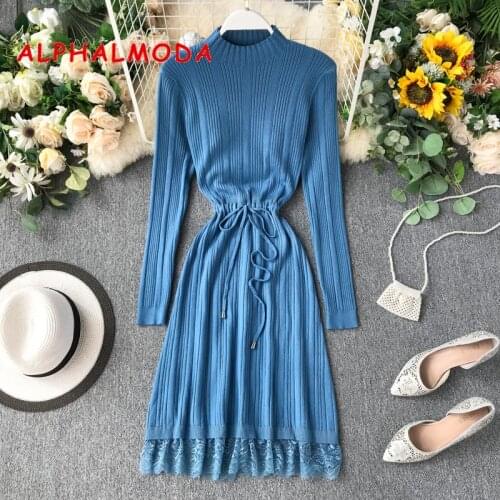 ALPHALMODA Autumn and Winter Lace Hem Patched Women Sweet Retro Knit Dress Sashes Belted Female Ribbed Knitted Dress
