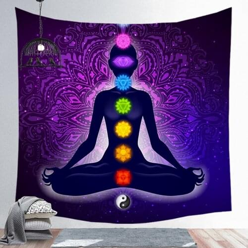 1PC Buddha Statue Meditation 7 Chakra Tapestry Wall Hanging Mandala Tapestries Wall Cloth Yoga Carpet Decor Short Fluff Small