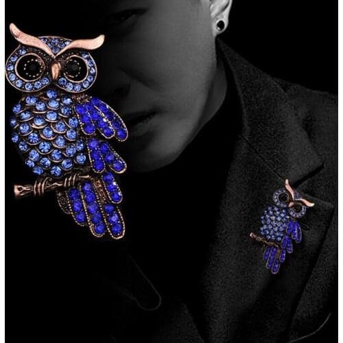 1 Piece Gold Fashion Suit Suits Brooch Pins Brooches Men Women Blue Owl Full Crystal Night Owls Corsage Lapel Pin Brooches