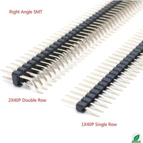 20pcs 2.54mm 1x40/2x40Pin single/double row Right Angle 90D SMD SMT Surface Mount PCB reflow solder Gold Rohs Male PIN HEADER