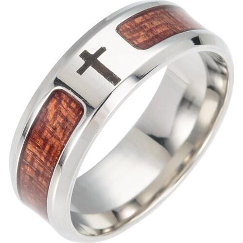 2018 New Arrive stainless steel wedding ring inlaid Life Tree Cross teak Woody jewelry titanium steel ring