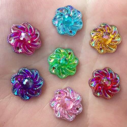 60pcs 15mm AB Resin Flower Rhinestone Flatback Wedding Diy Buttons 2 Hole Crafts K26*3