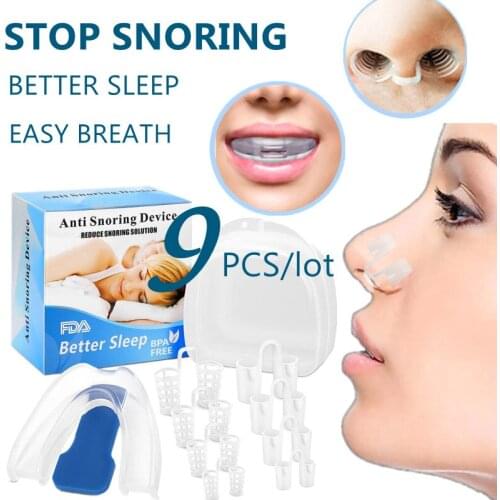 9PCS Anti Snoring Nasal Dilators Mouth Guard Mouthpiece Anti-Snore Solutions Set Sleep Care Tools for Men Women Better Sleep