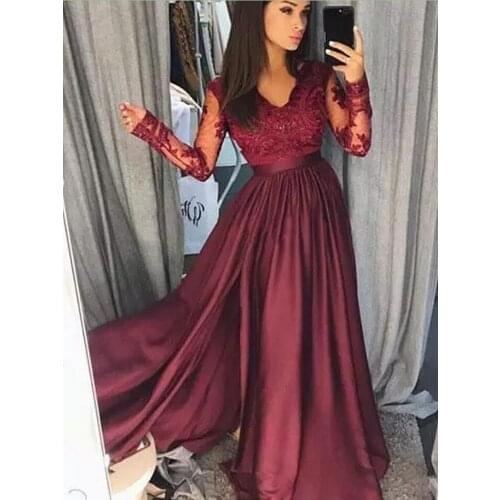 Burgundy Prom Dresses Evening Party Gowns Lace Top Long Sleeve Floor Length A Line 2019 Fashion vestido festa