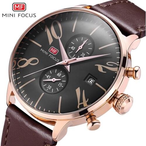 MINIFOCUS Brand Mens Fashion Watch Male Genuine Leather Strap Clock Wrist Watches Quartz Waterproof Chronograph Date Display