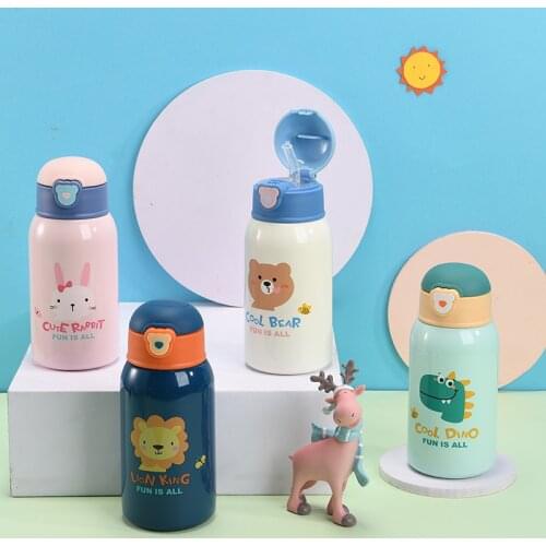 400ML Kids Stainless Steel Straw Thermos Mug With Case Cartoon Leak-Proof Vacuum Flask Children Thermal Water Bottle Thermo cups