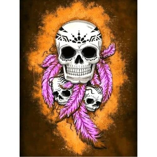 Drie Schedel Veren Diamant Schilderen Ronde Volledige Boor Nouveaute Diy Mozaïek Borduurwerk 5D Kruissteek Halloween Patroon