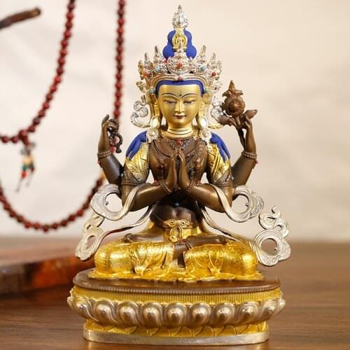 GOOD quality Gilding Buddha statue Asia Nepal Tibet temple bless safe healty good luck Four arm Avalokitesvara GUANYIN buddha