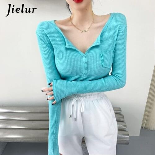 Jielur V-neck 2021 New Womens T-shirt Creative Bottoming Shirt Tee Shirts Long Sleeve Skinny T-shirts Tops Woman Pocket Button