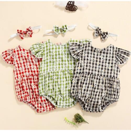 3 Colors Plaid Floral Printed Ruffles Sleeve Jumpsuits Headband 0-24M Summer Baby Girls Boys Sweet Rompers