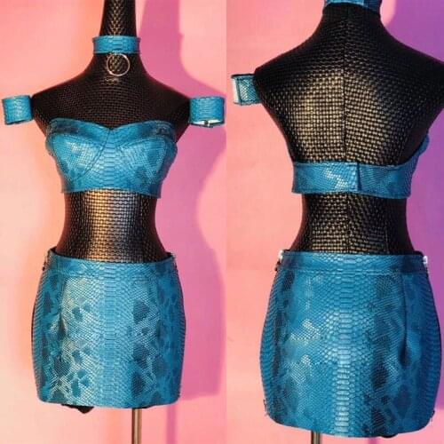 Blue snake-like leather corset bag hip skirt sets nightclub hipsters DJ clothing bar European and American singer costumes