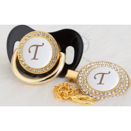 MIYOCAR name Initial letter T lovely silver bling pacifier and pacifier clip BPA free dummy bling unique design SGS pass LT-W