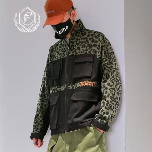 Men Fashion Loose Embroidery Leopard Print Jacket Casual Safari Style Patchwork Hip Hop Coat