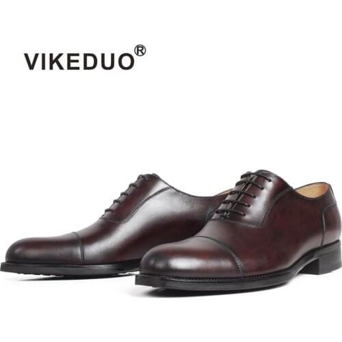 VIKEDUO Mans Dyeing Oxford Shoes Genuine Leather Patina Brown Mens Footwear Wedding Office Formal Dress Shoes Male