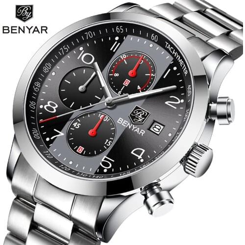BENYAR Mens Watches Top Brand Luxury Chronograph Clock Men Stainless Steel Quartz Watches Waterproof Business Wristwatch
