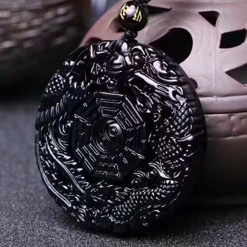 Natural Black Obsidian Hand Carved Chinese Dragon Phoenix BaGua Lucky Amulet Pendant Free Necklace Fashion Fine Jad e Jewelry