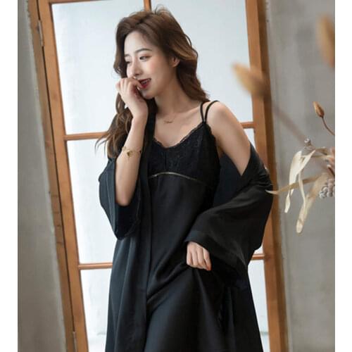 2020 New Product Hot Sexy Lingerie Sling Lace Pattern Cup Nightgown With Chest Pad Ice Silk Long Sleeve Two-Piece Home Service