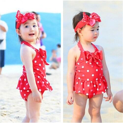 2020 New High Quality Cute Children 's Swimsuit Girl Wave Dot Princess Baby Swimwear Send Hair Band