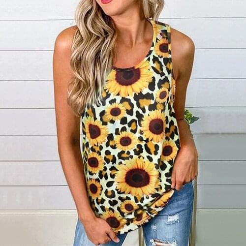 Kili Womens New U-Neck Leopard Print Sunflower Print Open Back Hollow Sleeveless Top