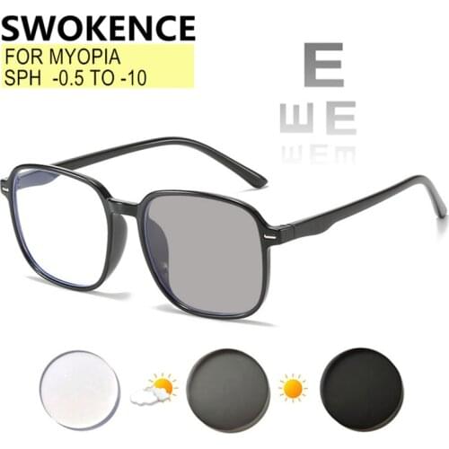 SWOKENCE Photochromic Nearsighted Glasses Prescription -0.5 to -10 Women Men Square Frame Myopia Spectacles For Astigmatism F078
