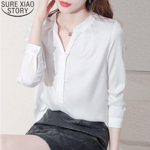Autumn Long Sleeve Solid Silk Shirt Office Lady Fashion Chiffon Tops 2021 New V-neck Elegant Blouses Clothes Blusa Mujer 16706