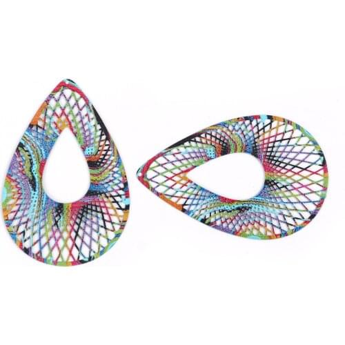 3 PCs Iron Based Alloy Enamel Painting Pendants Drop Green Multicolor Filigree 63mm(2 4/8") x 42mm(1 5/8")