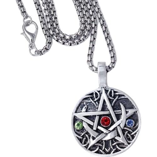 Popular religious ornaments pentagram moon intertwined pattern metal pendants rhinestone charm lucky evil talisman necklace