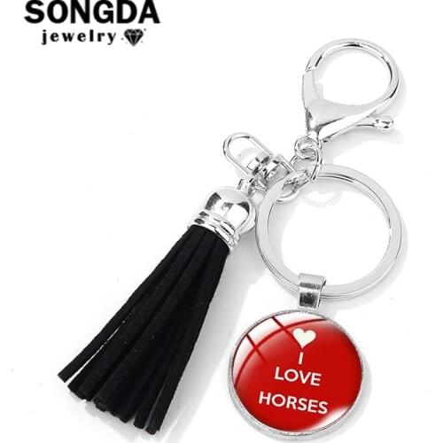 SONGDA Simple Love Horse Time Gem Hanging Pendant Key Ring Holder Purse Car Key Chain Tassel Keychain Animal Lovers Breeder Gift