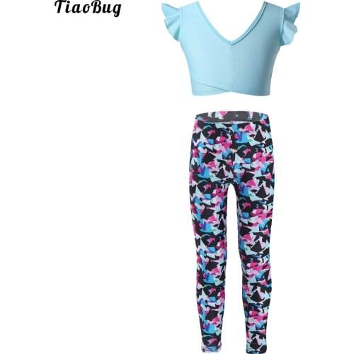 TiaoBug Summer 2Pcs Kids Girls V Neck Wide Shoulder Straps Ruffle Sleeveless Sports Tops With Low-Waisted Print Leggings Set