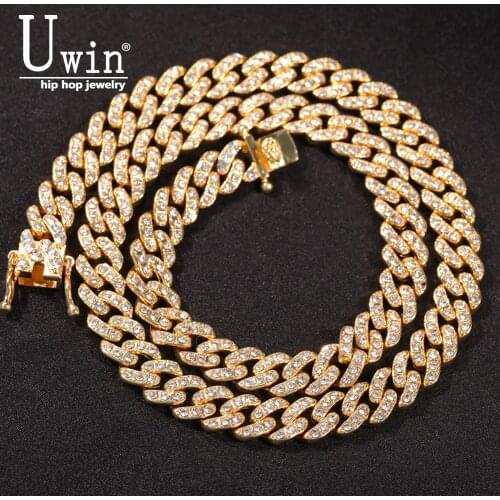 Uwin 9mm Miami Link Rhinestone Cuban Chain Full Iced Out Punk Bling Charm Hip Hop Jewelry Statement Necklace