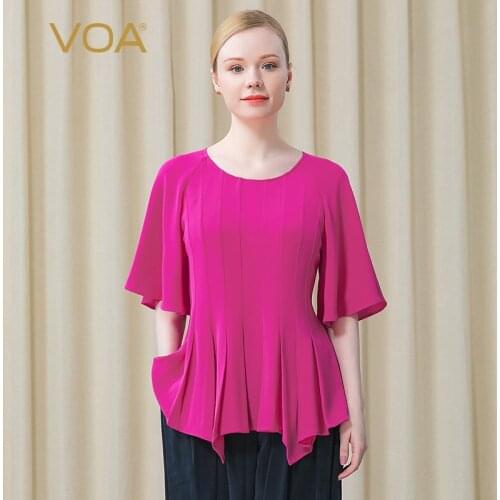 VOA 41m/m Heavy Silk Rose Red Fashion Elegant Round Neck Lotus Leaf Sleeve Three-dimensional Fold Hem Woman Tshirts BE521