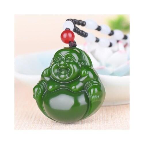 Zheru Jewelry Natural Hetian Jade Green Laughing Buddha Pendant Necklace Exquisite Jewelry Best Gift