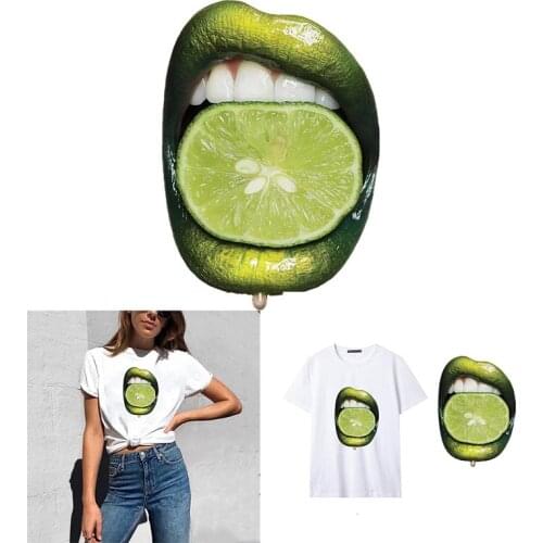 Green Lemon Lip DIY Patches On Cloths Iron On Heat Transfer Printing Stickers For Clothes T-shirt Appliques Washable For Cloths