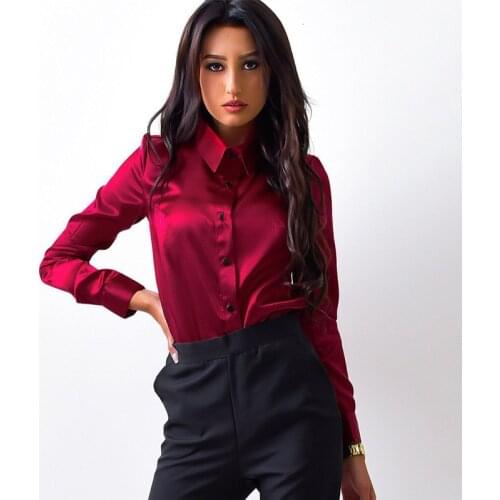 Female Formal Office Ol Blouse Women Tops Blusa Women Blouse Elegant Wine Red Green Satin Shirt Turn Down Collar Longth Sleeve