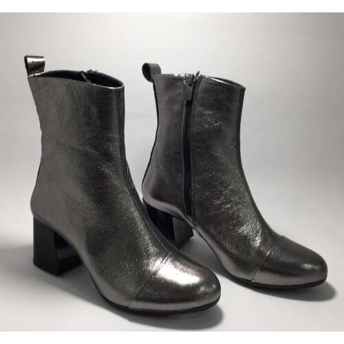 Women Genuine Leather Platinum Ankle Winter Boots Autumn Shoes Female Thick Short Booties Real Patent Leather Stones