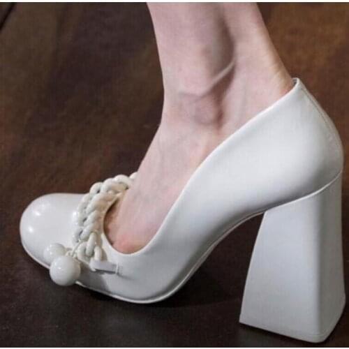 Moraima Snc White Mary Janes Runway Thick Heels Women Pumps Chains Decorations Sexy Pumps Black Party Dress Shoes